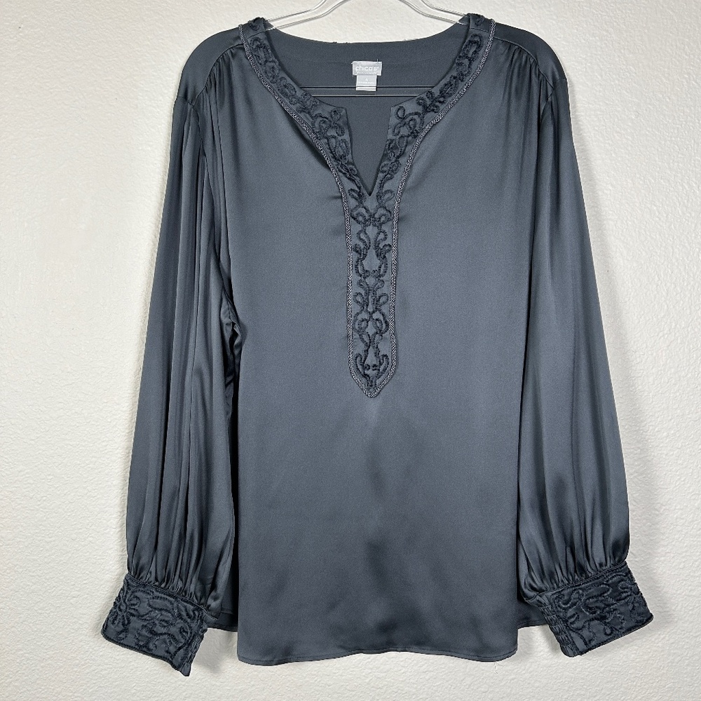 Chicos size 4 20/22 satinโ long sleeve blouse top burnout velvet trim gray